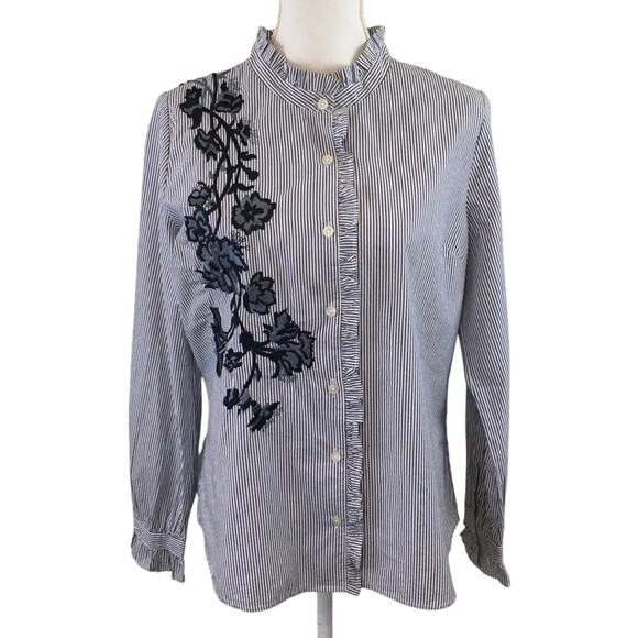 Crown & Ivy Stripe Blouse With Floral Embroidery Size Medium - Picture 1 of 10